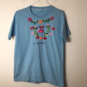 Embroidered Floral Light Blue Short Sleeve Tee - El Salvador Motif